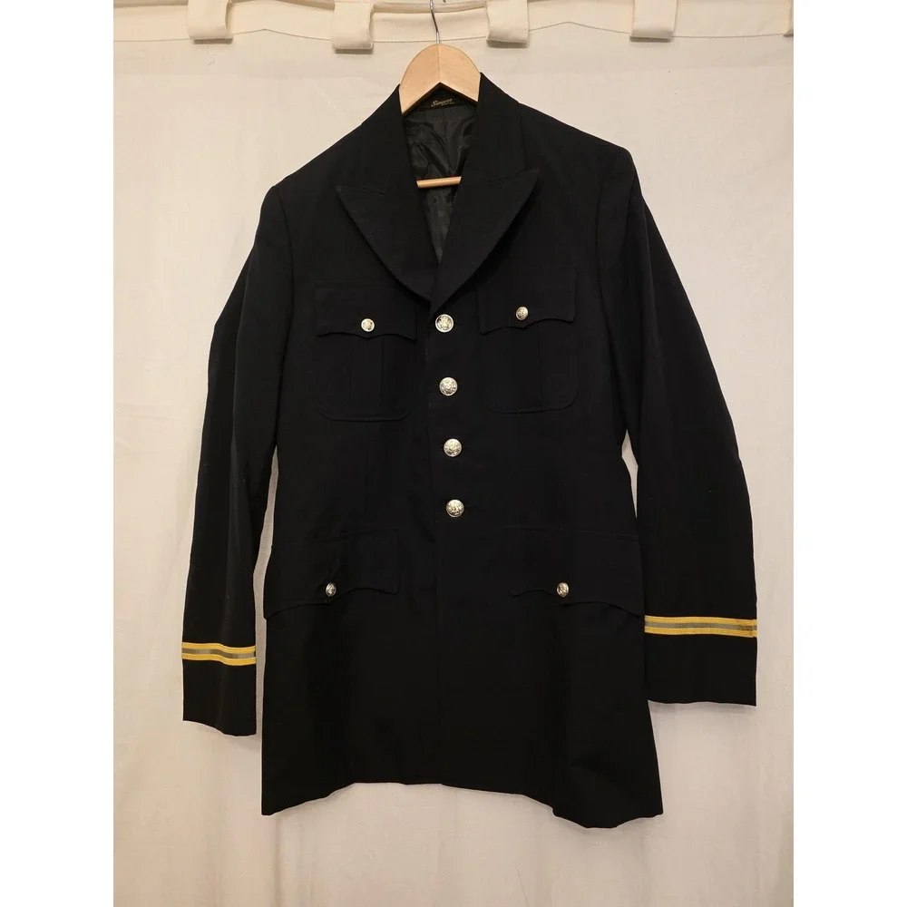 Vintage Sangwoo Suit Jacket Mens 40 Black Navy Officer Gold Buttons Hong Kong 90